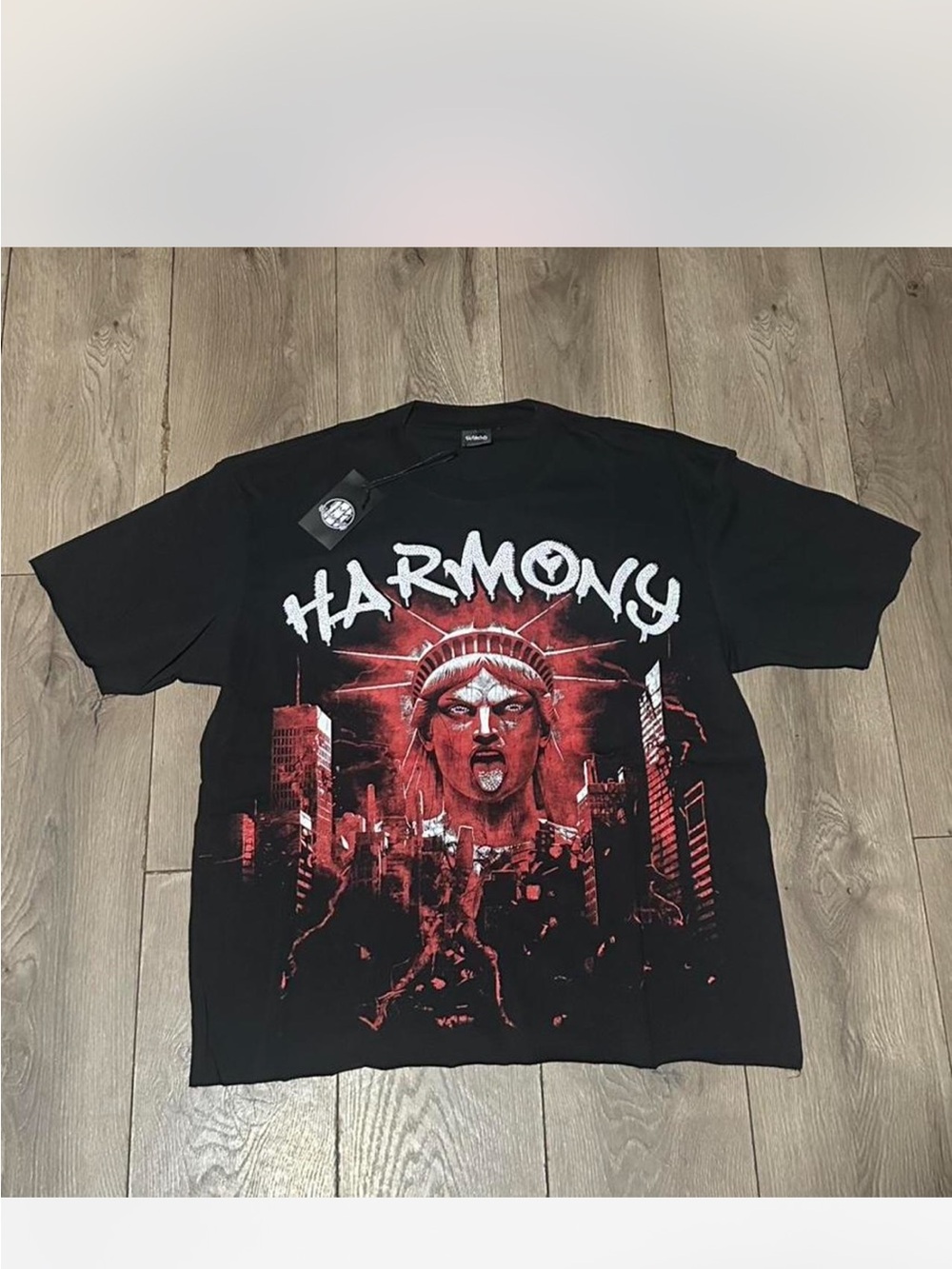 Harmony Black Short-Sleeve Graphic Tee with Red Statue City Print